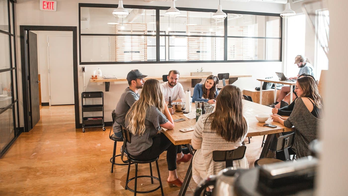 A team talking around a table